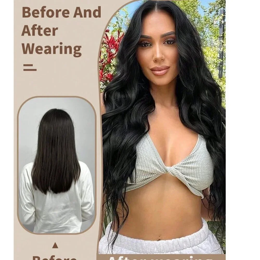 Human hair blend 24 In  black Clip in Hair Extensions Set